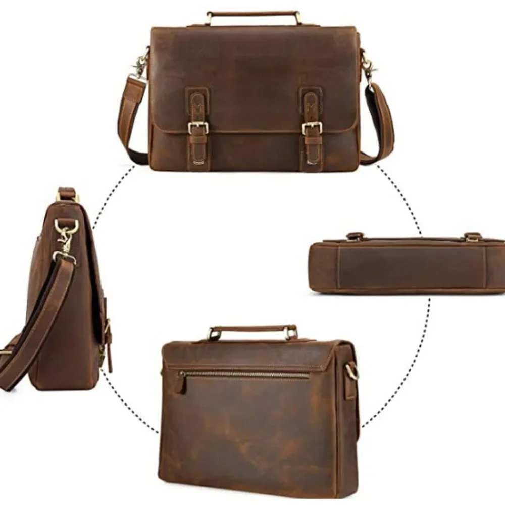 Kattee Men's Crazy Horse Leather Shoulder Briefcase, 14